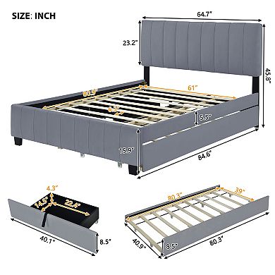 Trikiousd Velvet Upholstered Platform Bed Queen Size Bed Frame with 2 Drawers and 1 Twin XL Trundle