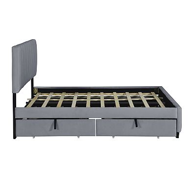 Trikiousd Velvet Upholstered Platform Bed Queen Size Bed Frame with 2 Drawers and 1 Twin XL Trundle
