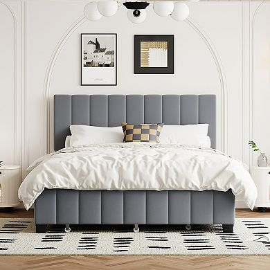 Trikiousd Velvet Upholstered Platform Bed Queen Size Bed Frame with 2 Drawers and 1 Twin XL Trundle