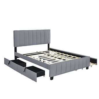 Trikiousd Velvet Upholstered Platform Bed Queen Size Bed Frame with 2 Drawers and 1 Twin XL Trundle