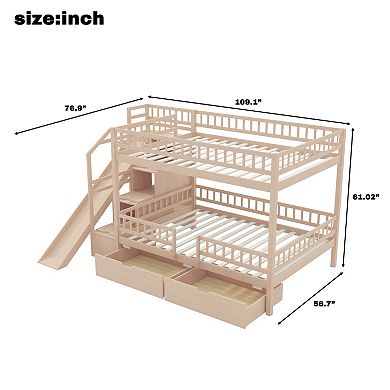 Trikiousd Full Bunk Bed w/ Slide & Storage Staircase, Pine Wood Frame Guardrails Bed w/ 2 Drawers