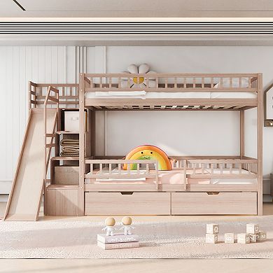 Trikiousd Full Bunk Bed w/ Slide & Storage Staircase, Pine Wood Frame Guardrails Bed w/ 2 Drawers