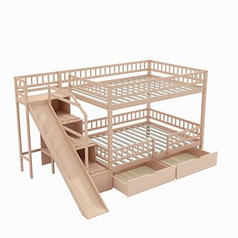 Trikiousd Full Bunk Bed w/ Slide & Storage Staircase, Pine Wood Frame Guardrails Bed w/ 2 Drawers