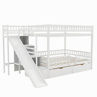 Trikiousd Full Bunk Bed w/ Slide & Storage Staircase, Pine Wood Frame Guardrails Bed w/ 2 Drawers