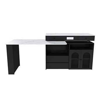 Trikiousd Kitchen Island w/ Extendable Rotating Table, Glass Door Cabinet, 4 Drawers, Power Outlet