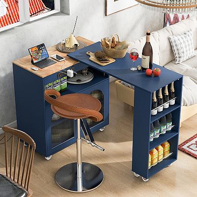 Trikiousd LED Rolling Kitchen Island with Extended Dining Table, Power Outlets, 2 Fluted Glass Doors