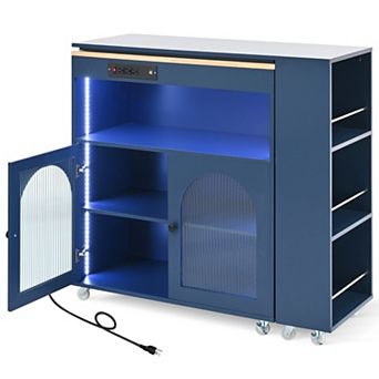 Trikiousd LED Rolling Kitchen Island with Extended Dining Table, Power Outlets, 2 Fluted Glass Doors