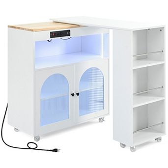Trikiousd LED Rolling Kitchen Island with Extended Dining Table, Power Outlets, 2 Fluted Glass Doors