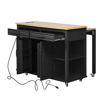 Trikiousd Rubber Wood Veneer Kitchen Island w/Extendable Dining Table, 2 Drawers, Power Outlet, USB