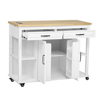 Trikiousd Rubber Wood Veneer Kitchen Island w/Extendable Dining Table, 2 Drawers, Power Outlet, USB
