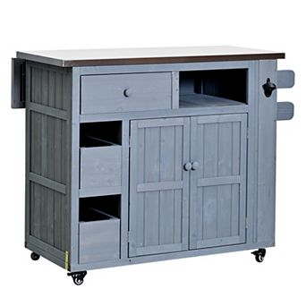 Outdoor Wood Kitchen Island 28" Extendable Stainless Steel Top Grill Cart Rolling BBQ Prep Station