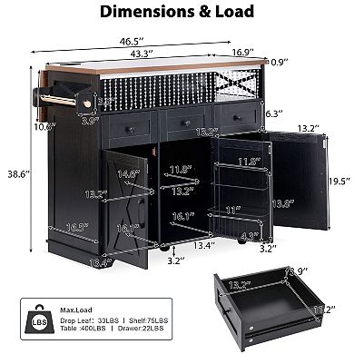 Trikiousd 46.5'' Rolling Kitchen Island Cart w/ Drape of Beads, Power Outlet, Drop Leaf, 3 Drawers