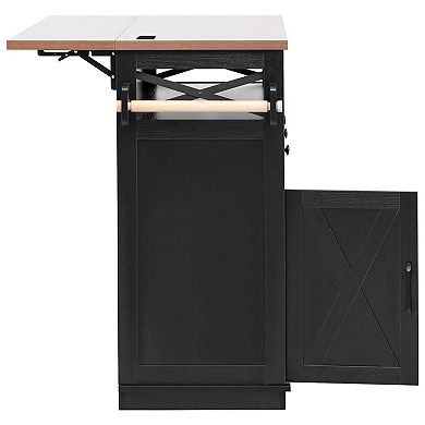 Trikiousd 46.5'' Rolling Kitchen Island Cart w/ Drape of Beads, Power Outlet, Drop Leaf, 3 Drawers