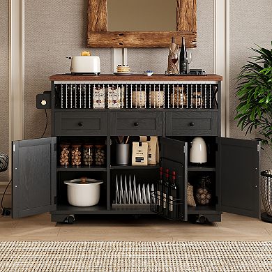 Trikiousd 46.5'' Rolling Kitchen Island Cart w/ Drape of Beads, Power Outlet, Drop Leaf, 3 Drawers