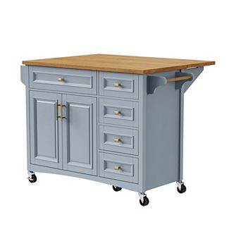 Trikiousd Mobile Kitchen Island Storage Cart with Drop Leaf, Spice Rack, Towel Rack and 5 Drawers