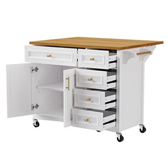 Trikiousd Mobile Kitchen Island Storage Cart with Drop Leaf, Spice Rack, Towel Rack and 5 Drawers