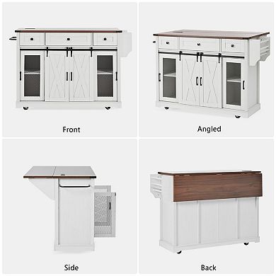Trikiousd Rolling Kitchen Island Cart w/ Spice Rack, Glass Holders, Drop Leaf, Sliding Barn Door