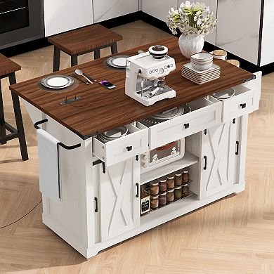 Trikiousd Rolling Kitchen Island Cart w/ Spice Rack, Glass Holders, Drop Leaf, Sliding Barn Door
