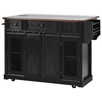 Trikiousd Rolling Kitchen Island Cart w/ Spice Rack, Glass Holders, Drop Leaf, Sliding Barn Door