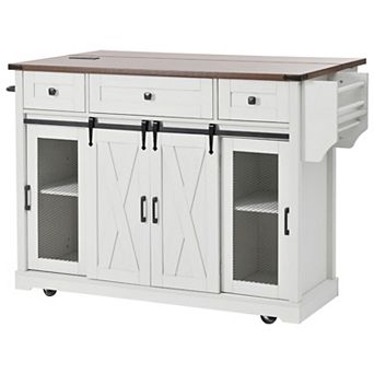 Trikiousd Rolling Kitchen Island Cart w/ Spice Rack, Glass Holders, Drop Leaf, Sliding Barn Door