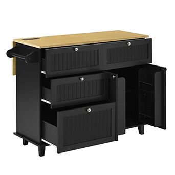 Trikiousd Farmhouse Kitchen Island w/ Drop Leaf, Storage Cabinet, Drawers, Power Outlet, 2 Stools