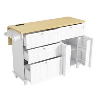 Trikiousd Farmhouse Kitchen Island w/ Drop Leaf, Storage Cabinet, Drawers, Power Outlet, 2 Stools