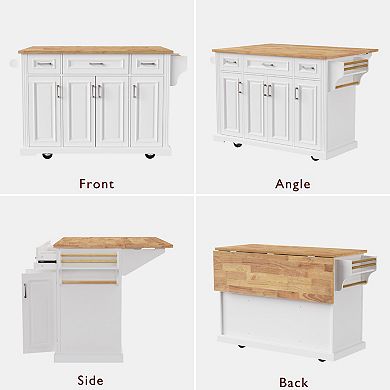 Trikiousd 54" Kitchen Island w/Drop Leaf, 3 Drawers, Rolling Cart On 4 Wheels w/Adjustable Shelves