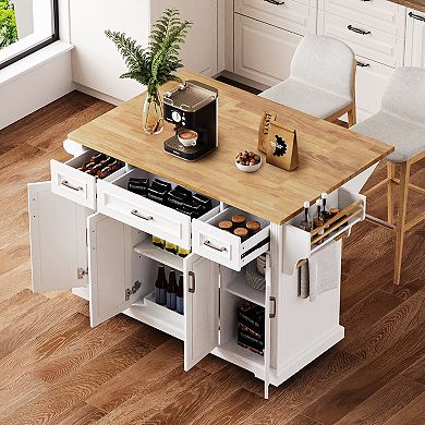 Trikiousd 54" Kitchen Island w/Drop Leaf, 3 Drawers, Rolling Cart On 4 Wheels w/Adjustable Shelves