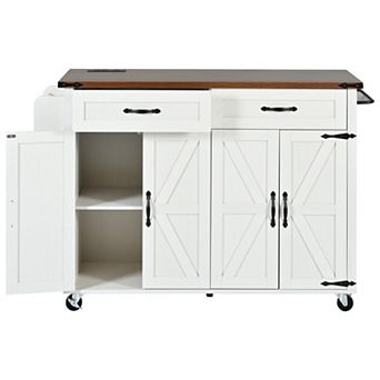 Trikiousd Kitchen Island Rolling Dining Storage Cart w/ Power Outlet, Drop Leaf, Spice Rack, Drawer