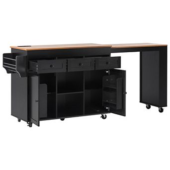 Trikiousd 85.5" Kitchen Island Extendable Storage Table w/ 3 Drawers, Power Outlet, Open Shelves
