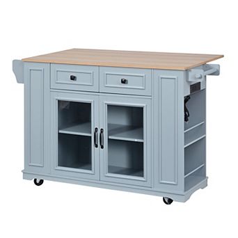 Trikiousd 54" Mobile Kitchen Island Cart w/ Glass Door Storage, Power Outlet, Spice Rack, Towel Rack