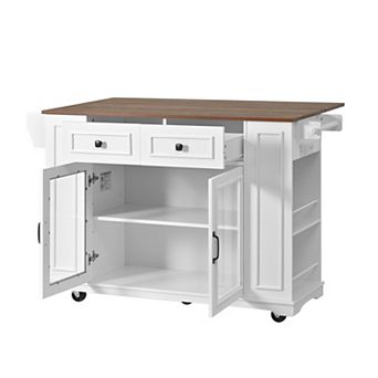 Trikiousd 54" Mobile Kitchen Island Cart w/ Glass Door Storage, Power Outlet, Spice Rack, Towel Rack