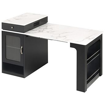 Trikiousd Kitchen Island with Extendable Dining Table, 2 Drawers, Power Outlet, Side Open Shelves