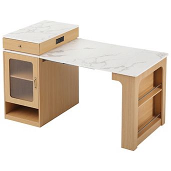 Trikiousd Kitchen Island with Extendable Dining Table, 2 Drawers, Power Outlet, Side Open Shelves