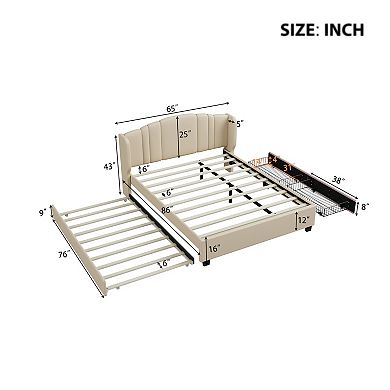 Trikiousd Queen Size Bed Frame Upholstered Platform Bed w/ Wingback Headboard, Trundle & 2 Drawers