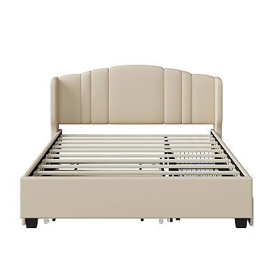 Trikiousd Queen Size Bed Frame Upholstered Platform Bed w/ Wingback Headboard, Trundle & 2 Drawers