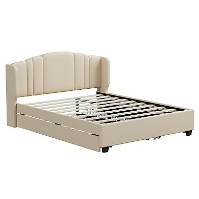 Trikiousd Queen Size Bed Frame Upholstered Platform Bed w/ Wingback Headboard, Trundle & 2 Drawers