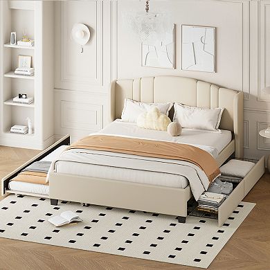 Trikiousd Queen Size Bed Frame Upholstered Platform Bed w/ Wingback Headboard, Trundle & 2 Drawers