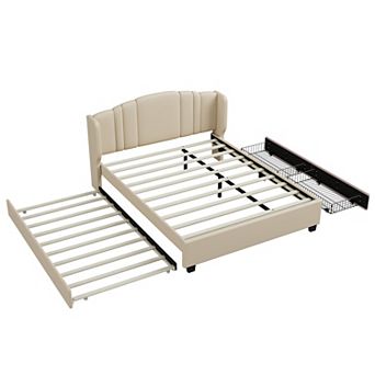 Trikiousd Queen Size Bed Frame Upholstered Platform Bed w/ Wingback Headboard, Trundle & 2 Drawers