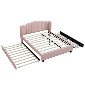Trikiousd Queen Size Bed Frame Upholstered Platform Bed w/ Wingback Headboard, Trundle & 2 Drawers