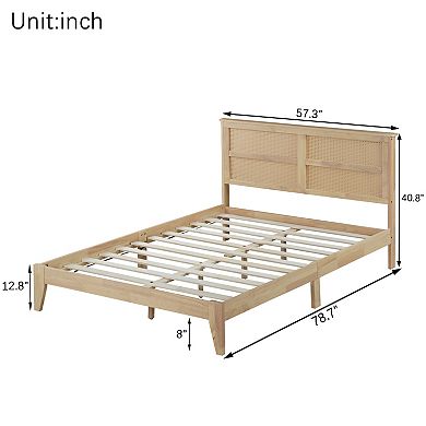 Trikiousd Solid Wood Bed Bohemian Rattan Bed Frame with Central Support Beams
