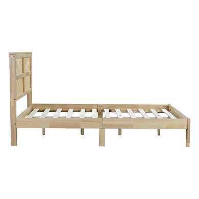 Trikiousd Solid Wood Bed Bohemian Rattan Bed Frame with Central Support Beams