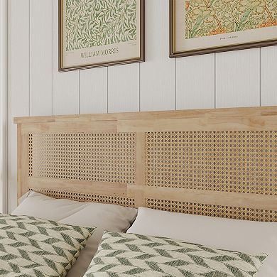 Trikiousd Solid Wood Bed Bohemian Rattan Bed Frame with Central Support Beams