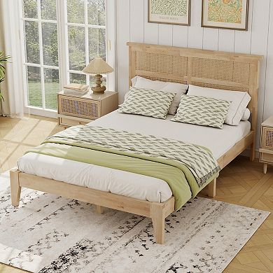 Trikiousd Solid Wood Bed Bohemian Rattan Bed Frame with Central Support Beams
