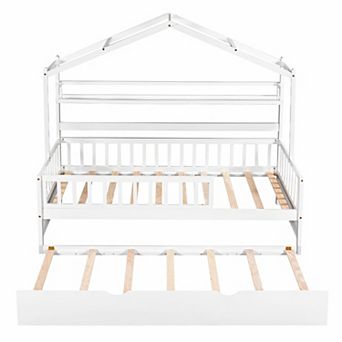 Trikiousd Kids House Bed Wood Playhouse Bed Frame with Trundle & Storage Shelves for Boys, Girls