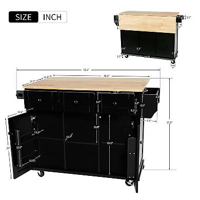 Trikiousd Kitchen Cart Cabinet w/ Drop-Leaf Countertop, Internal Storage Cabinet Racks w/ 3 Drawers