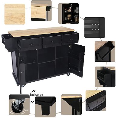 Trikiousd Kitchen Cart Cabinet w/ Drop-Leaf Countertop, Internal Storage Cabinet Racks w/ 3 Drawers
