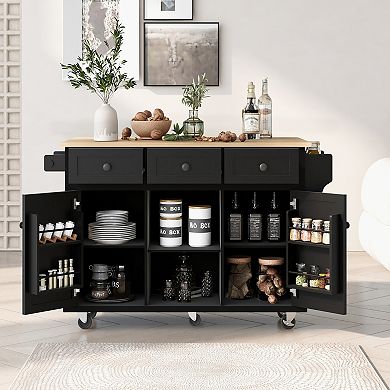 Trikiousd Kitchen Cart Cabinet w/ Drop-Leaf Countertop, Internal Storage Cabinet Racks w/ 3 Drawers