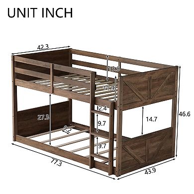 Trikiousd Twin over Twin Floor Bunk Bed with Built-in Ladder, Space-Saving Low Bunk Bed for Kids