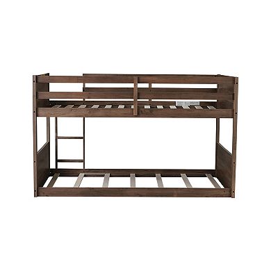 Trikiousd Twin over Twin Floor Bunk Bed with Built-in Ladder, Space-Saving Low Bunk Bed for Kids